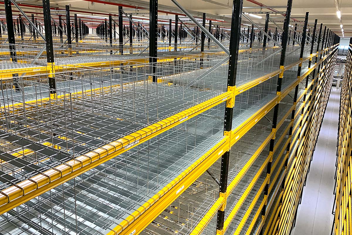 Warehouse with mesh shelves